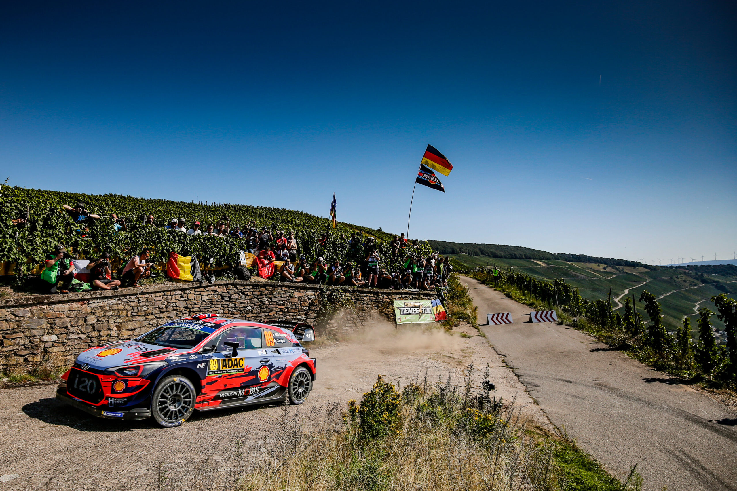 Thierry Neuville and Nicolas Gilsoul (BEL) of team Hyundai Shell Mobis WRT are seen racing during the World Rally Championship Germany in Bostalsee, Germany on August 23, 2019