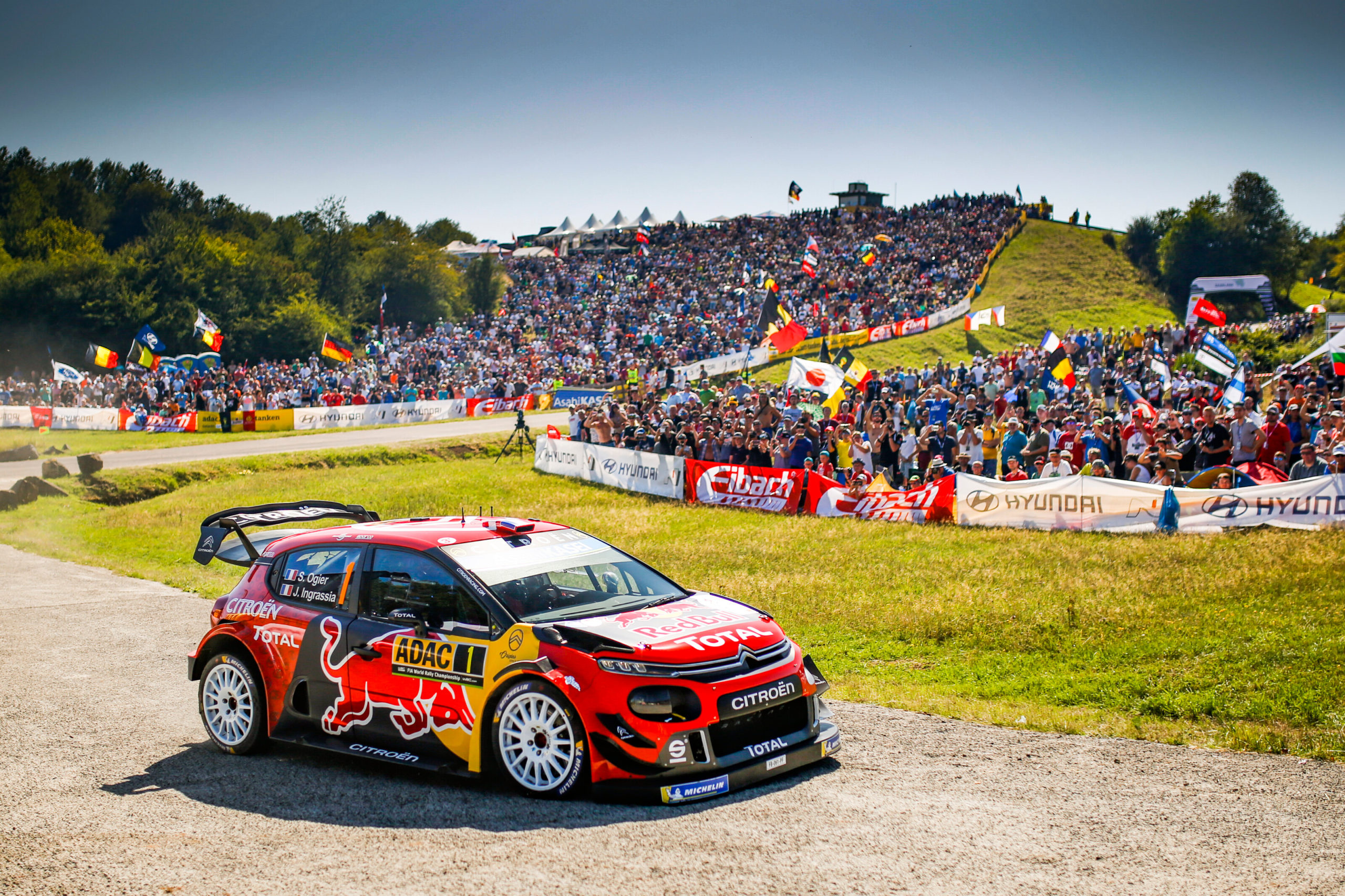 Sebastien Ogier and Julien Ingrassia (FRA) of team Citroen Total WRT are seen racing during the World Rally Championship Germany in Bostalsee, Germany on August 24, 2019