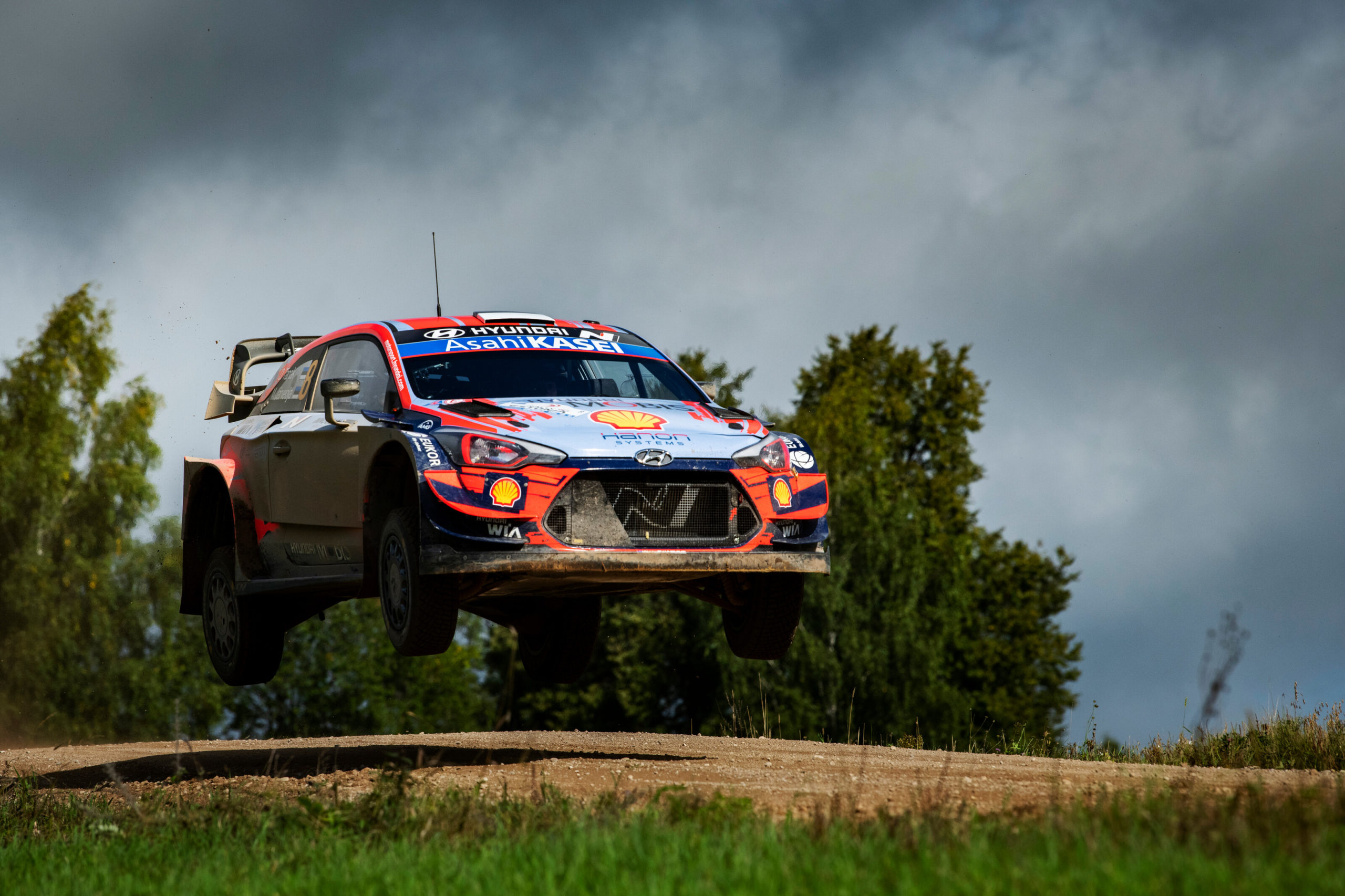 Ott Tanak (EST) and Martin Jarveoja (EST) of team Hyundai i20 Coupe WRC Hyundai Shell Mobis WRT are seen racing during day 3 at the World Rally Championship Estonia in Tartu, Estonia on September 6, 2020